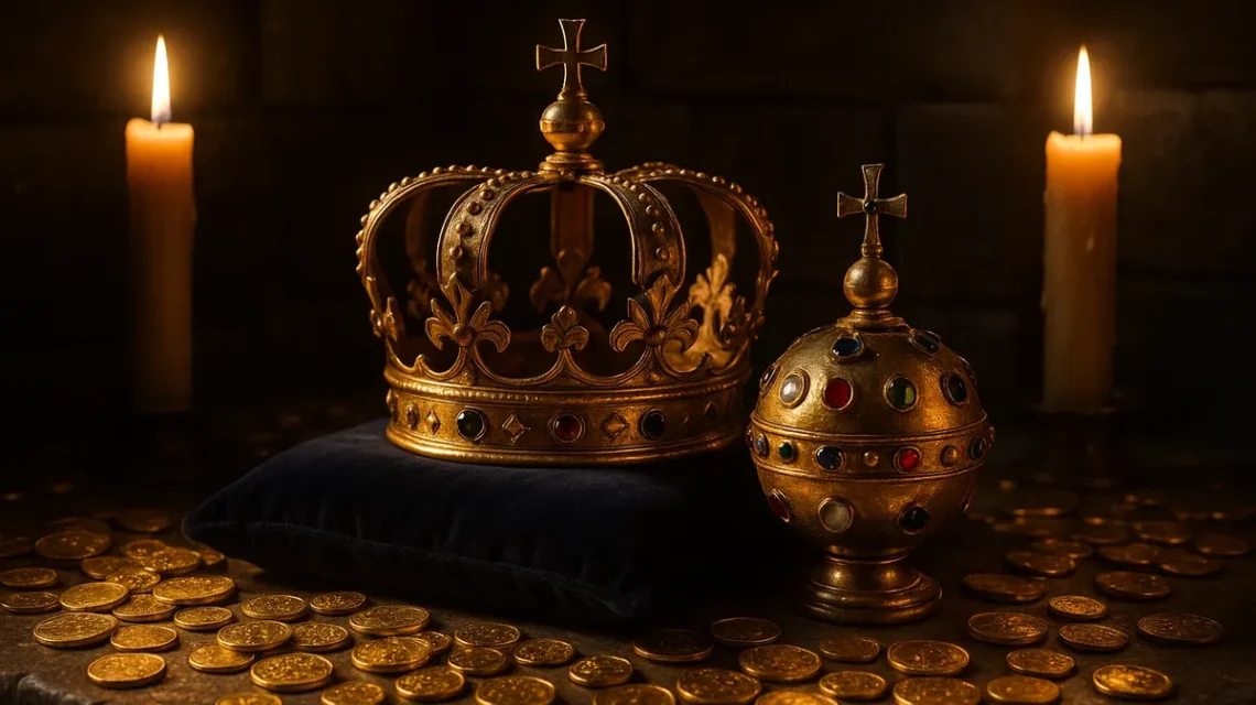 Golden crown and jewelled orb in a candlelit treasury, illustrating the Crown An Orb slot theme