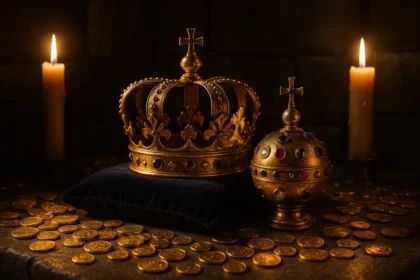 Golden crown and jewelled orb in a candlelit treasury, illustrating the Crown An Orb slot theme