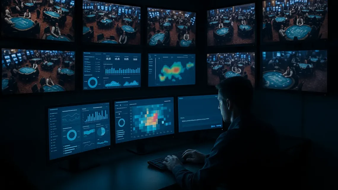 Casino surveillance and analytics room with AI-driven data dashboards on screens