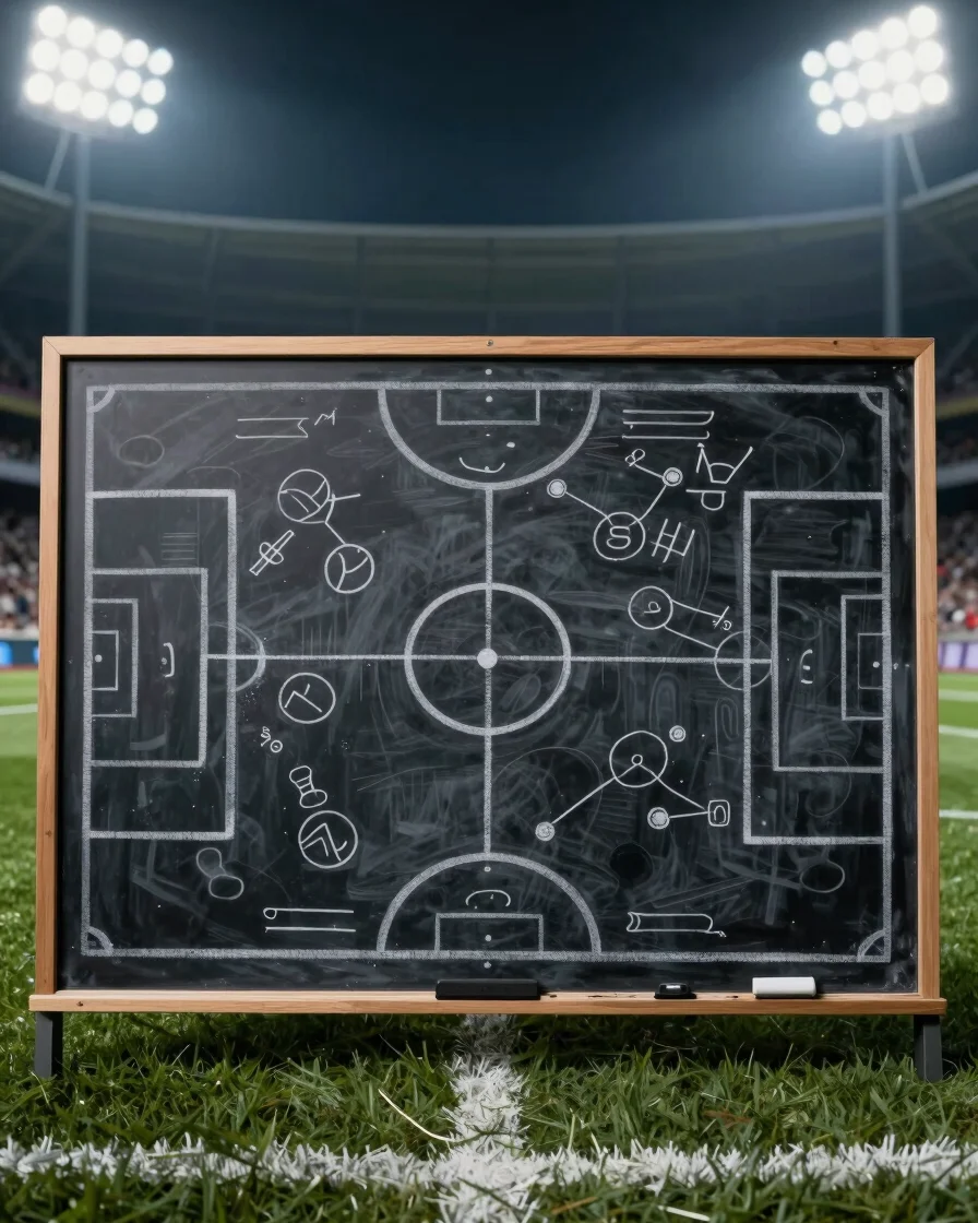Overhead view of a sports tactical chalkboard with plays drawn, c