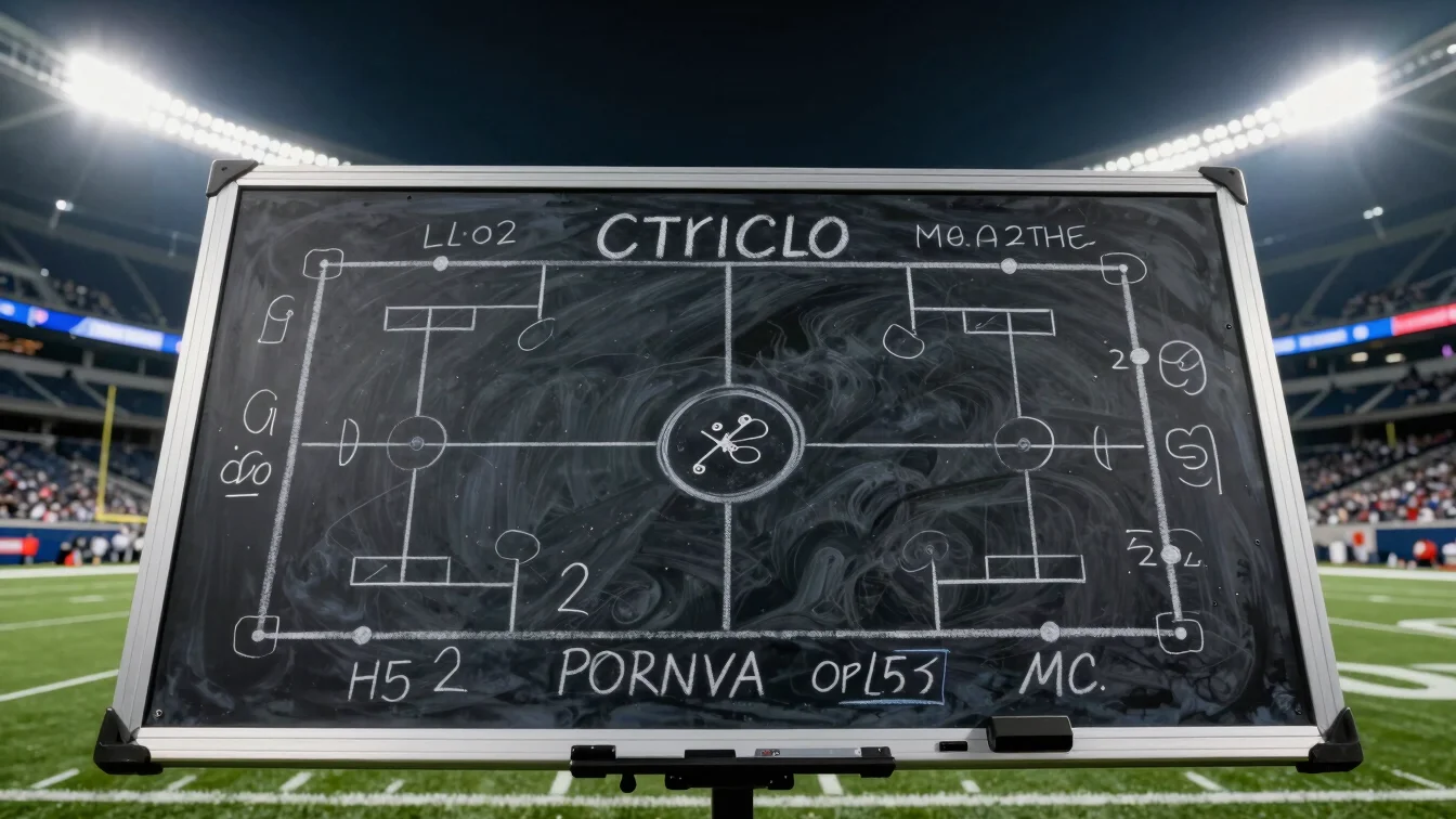 Overhead view of an NFL tactical chalkboard with plays drawn, sta