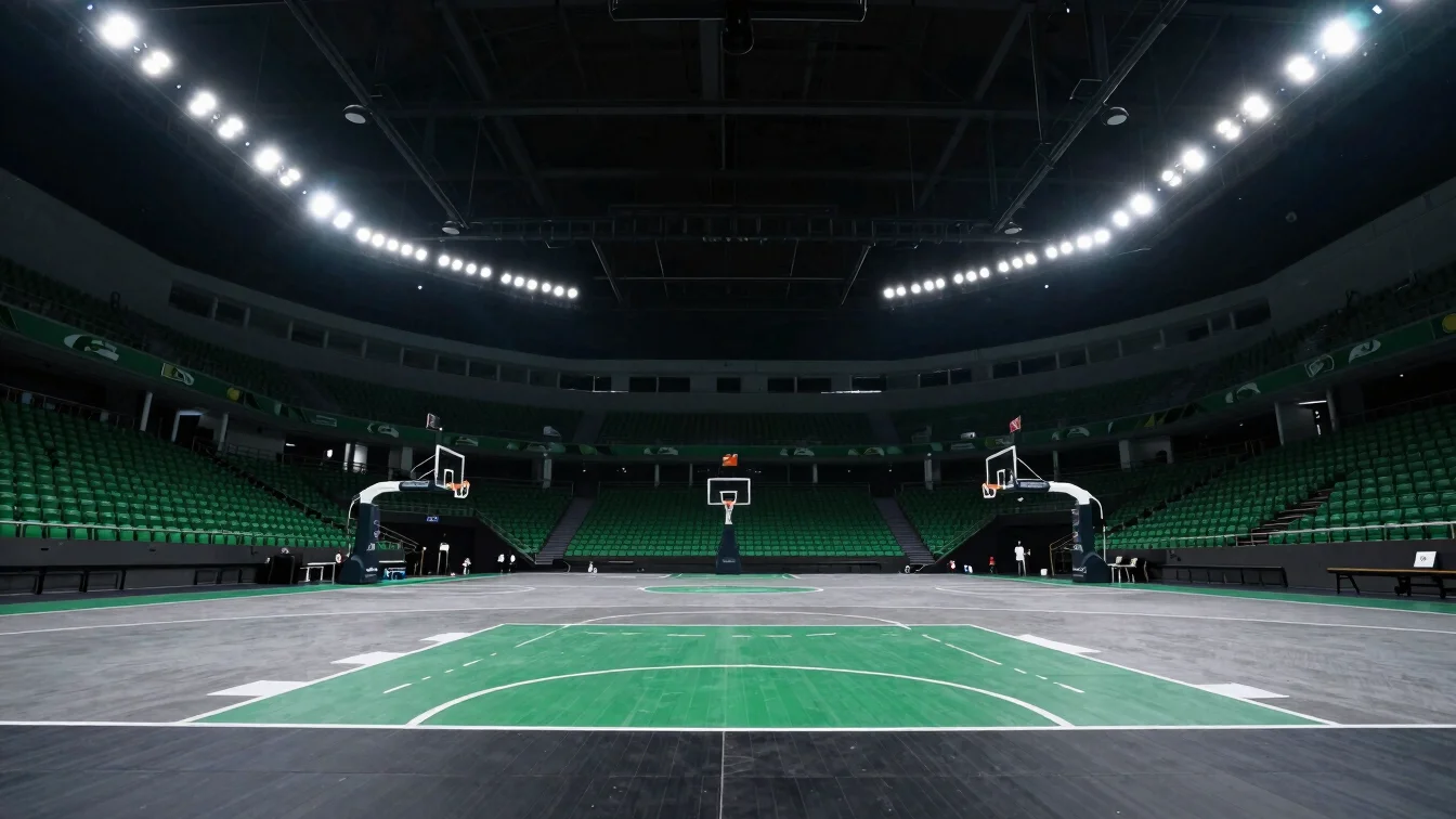 Basketball court lines from a low angle, arena lights, sharp focu