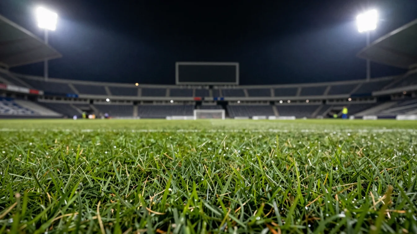 Close-up of a soccer pitch grass detail under floodlights, with a