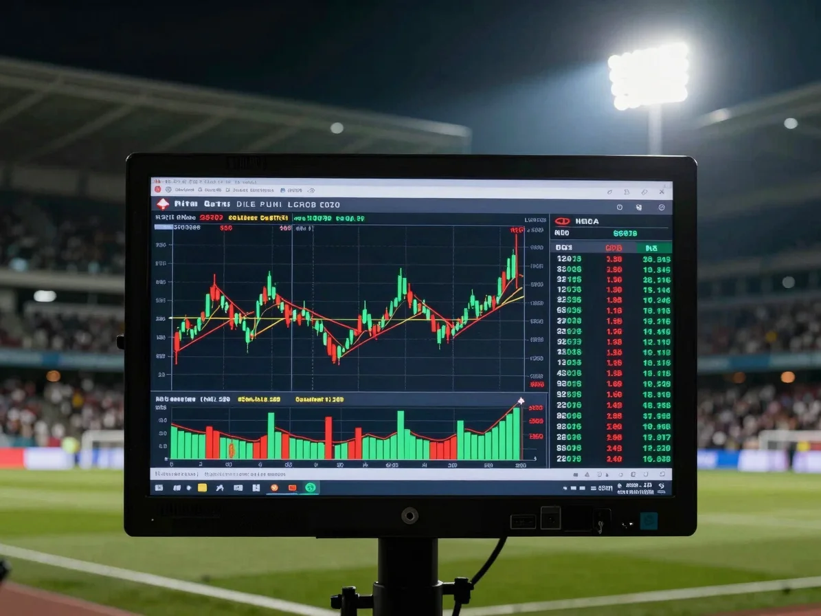 Close-up of a digital display showing financial data with green a
