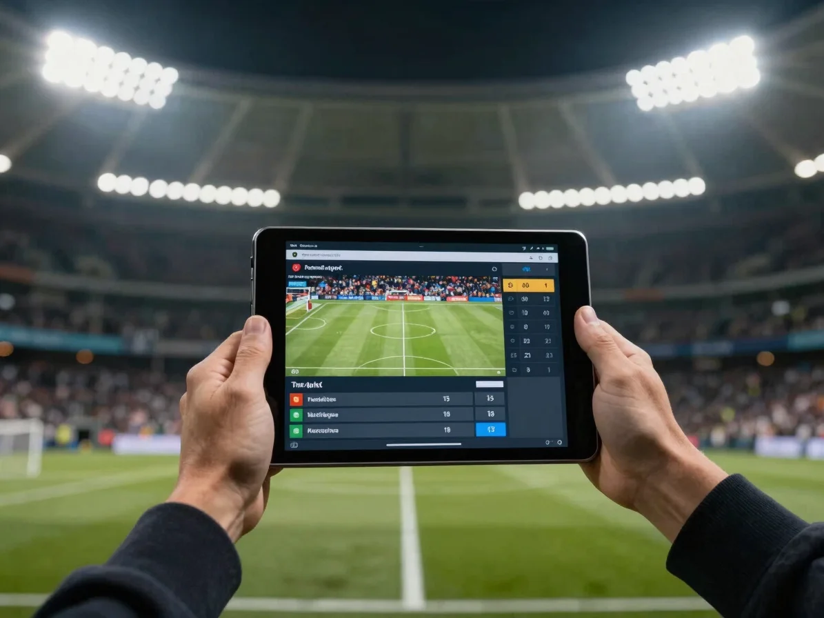 Hands interacting with a tablet showing a sports betting interfac