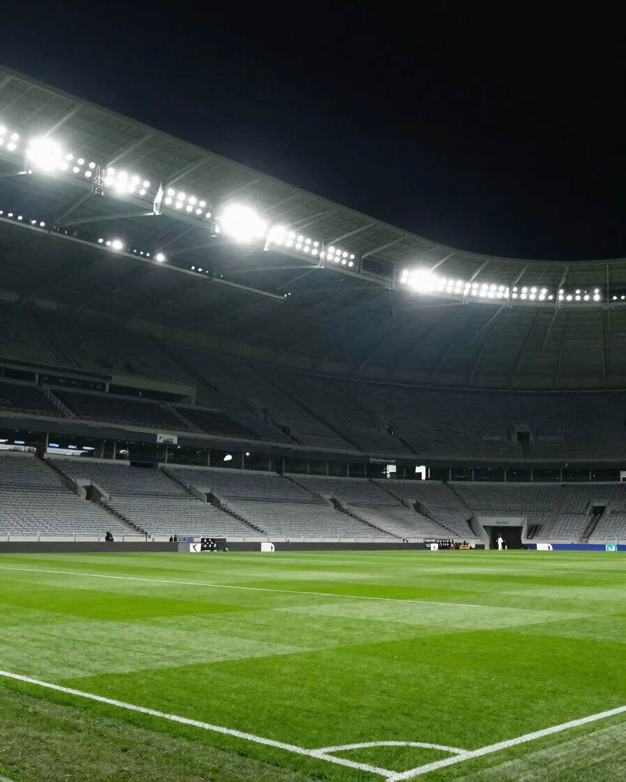 Wide panoramic shot of a brightly lit football stadium at night,