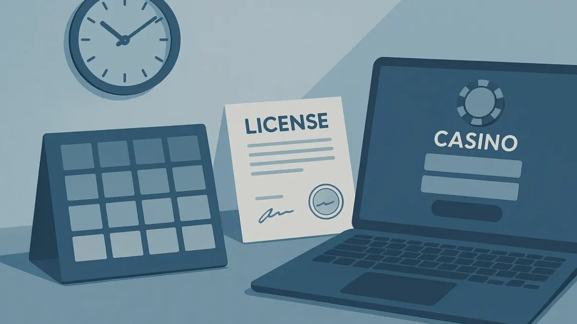 Calendar, licence document and laptop illustrating a 12-month gambling compliance window