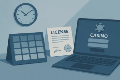 Calendar, licence document and laptop illustrating a 12-month gambling compliance window