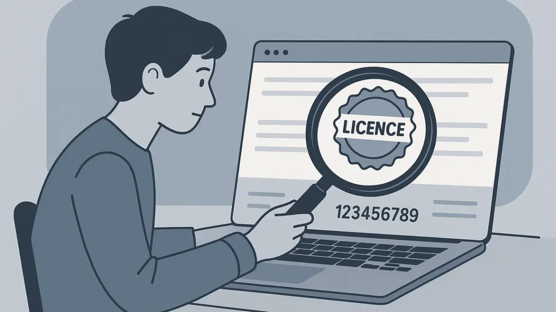 Player using a magnifying glass to inspect an online casino licence number in a website footer
