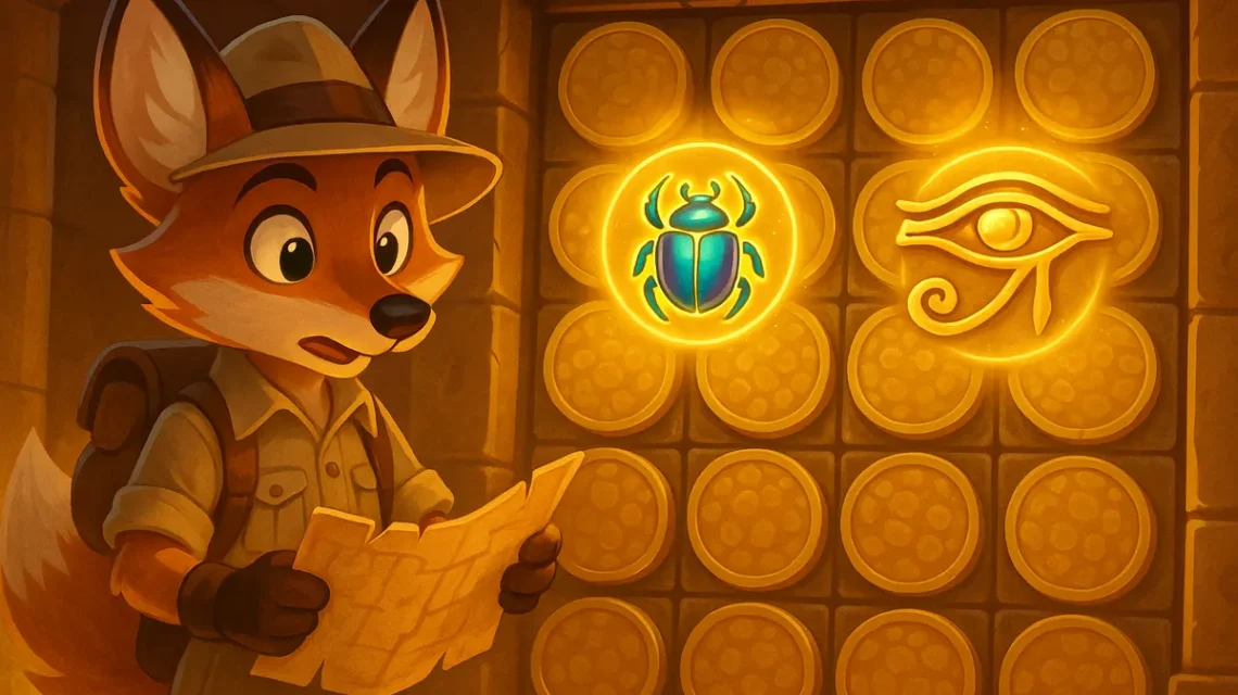 Fox adventurer character in an Egyptian tomb surrounded by golden coin symbols on a slot grid