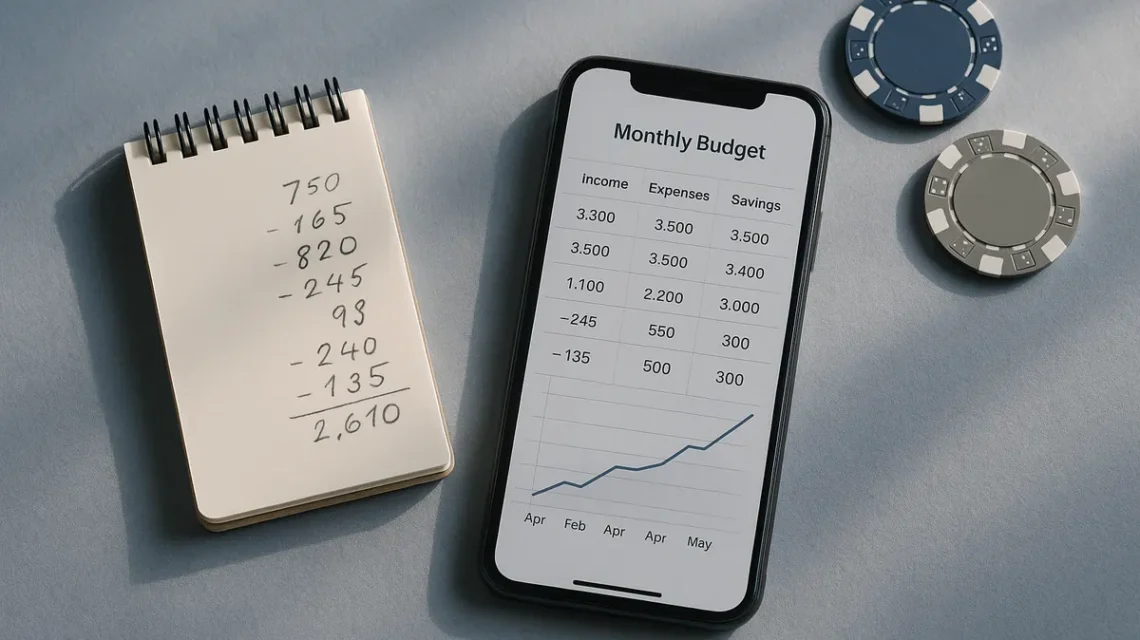 Phone showing a budget tracker next to casino chips, illustrating online casino spending awareness